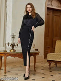 Black lace blouse, long slit skirt, elegant party dress