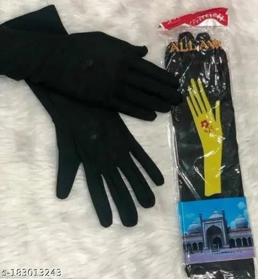 Black gloves with yellow 'Allah' sticker, Islamic hijab cap, 2-pack