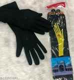 Black gloves with yellow 'Allah' sticker, Islamic hijab cap, 2-pack