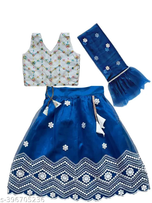 Embroidered cotton lehenga set with super net dupatta for 6-8 year old, Indian baby girl's traditional outfit in vibrant colors