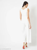 White polyester Miss Chase jumpsuit, off-white solid knit with pleated panel and halter neck, sequin yoke, sleeveless style, available in multiple sizes (XS - XL)