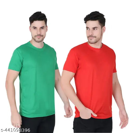 Indian solid polyester round neck t-shirts pack of 2 for daily wear, exercise, or casual outings