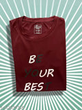 Wine red polyester short sleeve t-shirt with motivational print, India-made