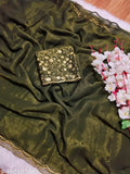 A blue georgette fabric sari paired with an intricately designed blouse