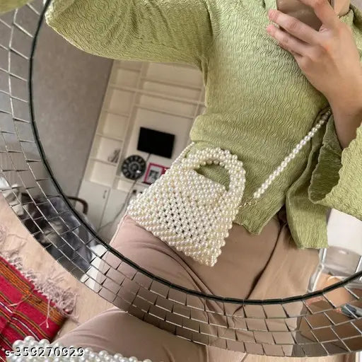 White decorative plastic envelope button clutch, with large white pearls and adjustable crossbody strap