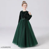 Green net fabric kids frock dress for party-wear, embellished with sequins and velvet, full-length above knee, long sleeves
