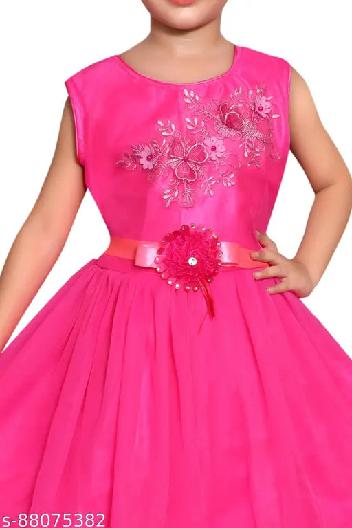 Pink satin party dress, lace embellishments, flower decoration, sash on shoulder