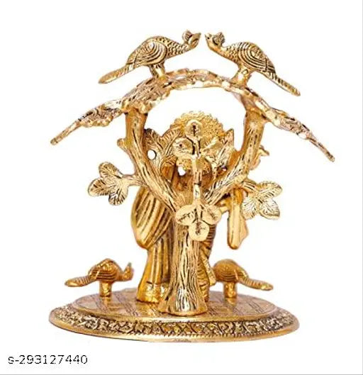 Gold antique finish Radha Krishna standing flute-playing tree idol metal statue, Indian temple decoration for home & office