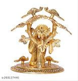 Gold antique finish Radha Krishna standing flute-playing tree idol metal statue, Indian temple decoration for home & office