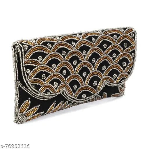 Black and yellow embroidered clutch with a bow