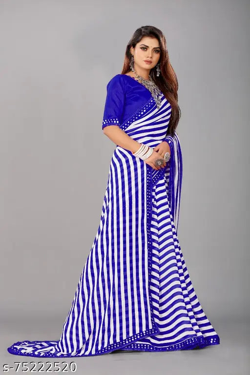 Blue and white striped crepe georgette saree
