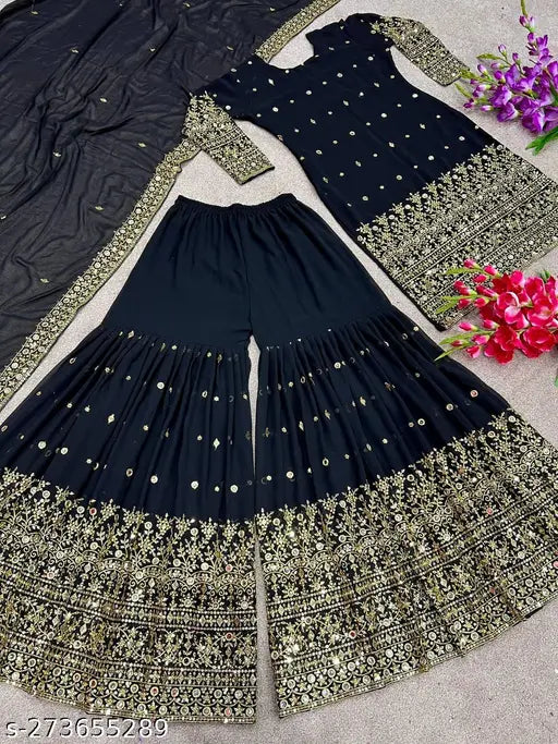 Black and gold embellished long tunic with matching bottom, ideal for special occasions