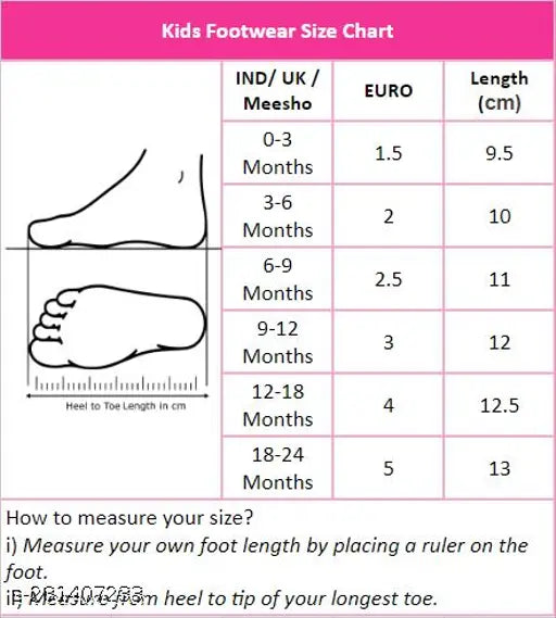 Kids footwear size chart: Ind, Eu, Mesho, Measurement guide from 0 to 12