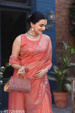 Orange net saree with embellished running blouse, free size, Indian origin