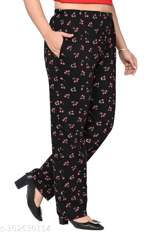 Black cotton leggings with a floral pattern, stretchable for casual wear