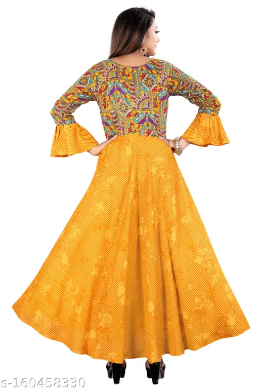 Long yellow embroidered kameez with long, flared, bell-shaped umbrella sleeves