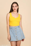 Trendy yellow & pink cotton ribbed short-sleeve top t-shirt for women (XS-XL), pearl button down, India