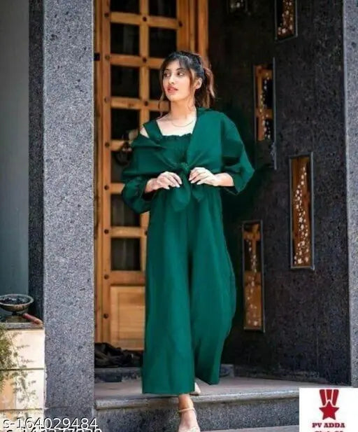 Brown poly crepe solid two-piece jumpsuit for women, perfect for casual or formal occasions