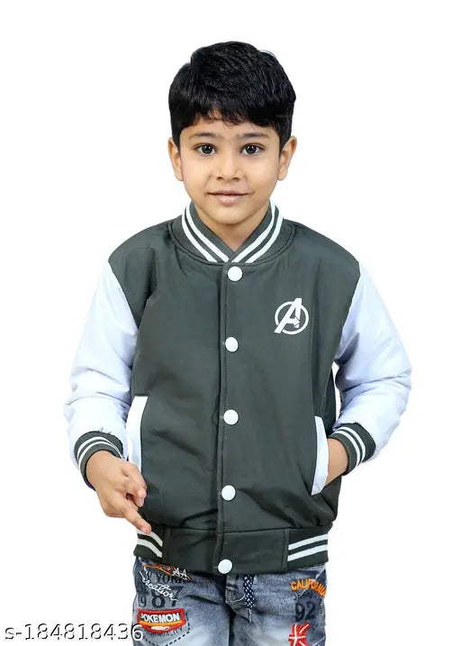 A young boy wearing a stylish jacket, with visible hoodie and emblem