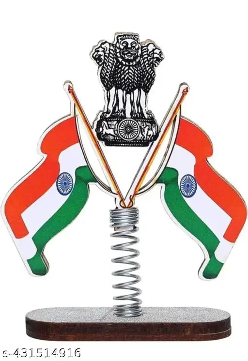High-quality spring base Indian flag, double-sided cross design for car dashboard, desk decoration, and office table. Celebrate patriotism with a durable art piece for Republic Day. Made in India