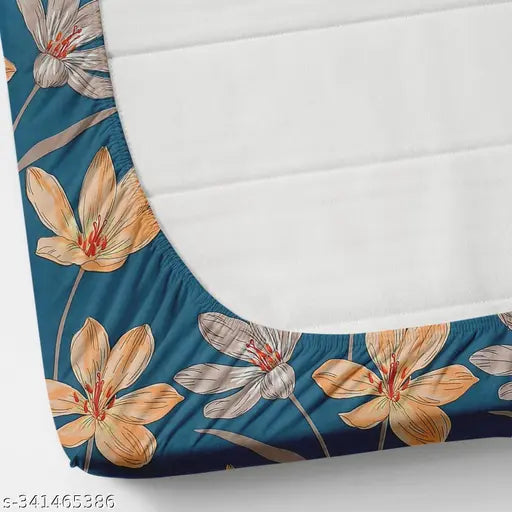DEVICE branded elastic fitted double bedsheet, cotton blend with floral print, ideal for adult use in summer. Deep pocket size 6", 250 thread count, machine washable