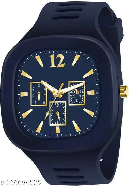 Square blue analog watch with silicone strap and gold-tone accents, featuring a minimalist design