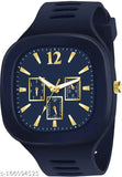Square blue analog watch with silicone strap and gold-tone accents, featuring a minimalist design