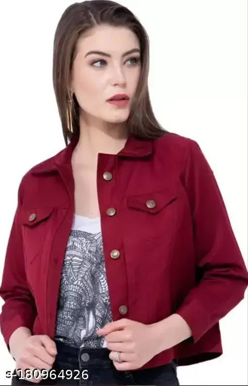 Maroon solid denim women's jacket, trendy and fashionable for casual parties, made in India
