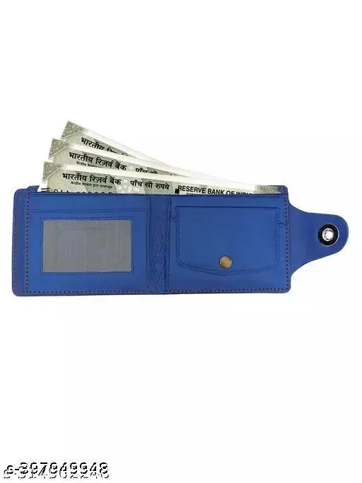 Blue faux leather wallet with printed net pattern, features five compartments. Free size with dimensions L12cm x W9cm. Made in India