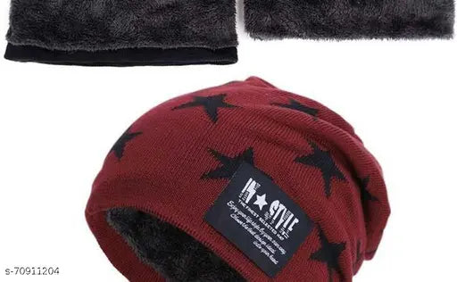 Trendy acrylic beanie-scarf set, soft with fur inside for women's winter warmth