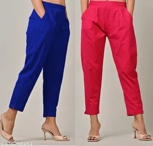 Casual women's soft cotton trousers set of two, royal blue and pink colors, elastic waist