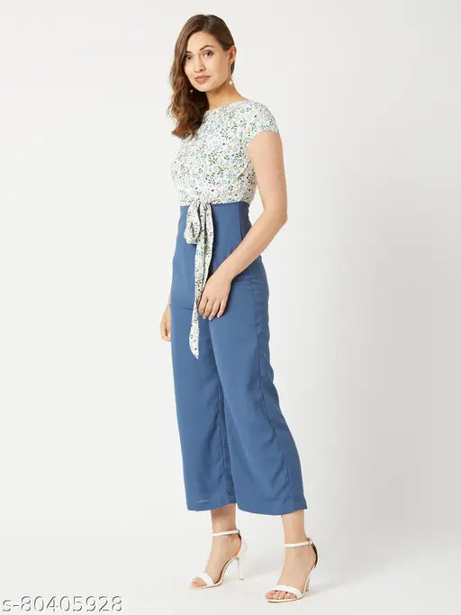 Blue crepe, multicolor floral printed jumpsuit for women by Miss Chase, short sleeves and knotted waist