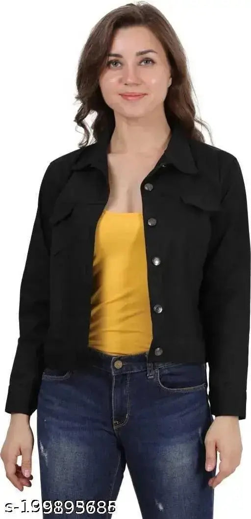 Black denim tule cotton jacket for women, full sleeve, solid pattern, long sleeves