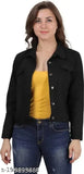Black denim tule cotton jacket for women, full sleeve, solid pattern, long sleeves