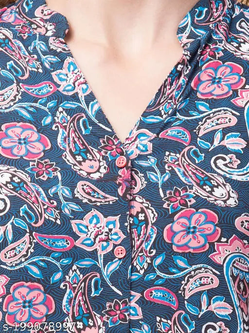 Multicolor rayon short tunic with 3/4 sleeves and mandarin collar, perfect for casual wear