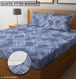White glace cotton, elastic double king-size fitted bedsheet with geometric pattern & 2 pillow covers. High-quality superfine linen for a summer sleep