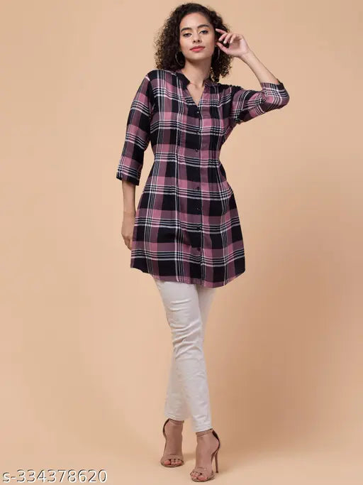Black checkered cotton tunic by Hive91, 34 inches length, three-quarter sleeves, mandarin collar with button front closure, India origin