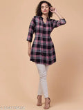 Black checkered cotton tunic by Hive91, 34 inches length, three-quarter sleeves, mandarin collar with button front closure, India origin