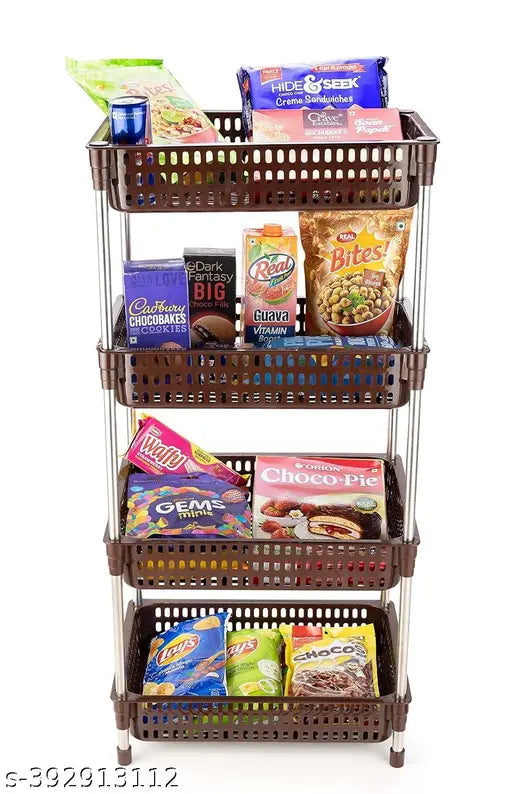 The image shows a four-tiered plastic kitchen stand rack. It has four layers, each with a steel pipe utility roll. The rack features a stackable design and is currently being used as a storage cart for kitchen items