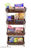 The image shows a four-tiered plastic kitchen stand rack. It has four layers, each with a steel pipe utility roll. The rack features a stackable design and is currently being used as a storage cart for kitchen items