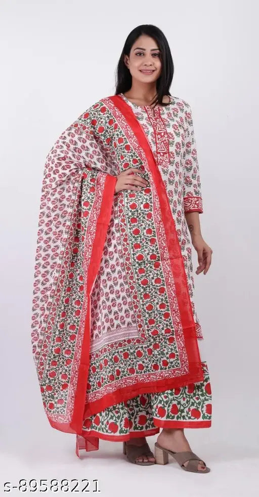 Red dupatta set with detailed pattern and flared ends