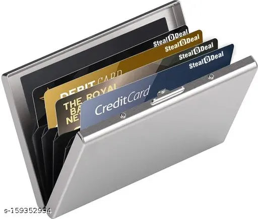 Sisa 6 Slots RFID Blocking Metal Wallet (Shiny Black, Secure & Stylish Design), 95 x 65 x 13 cm. Perfect multipurpose card holder for men and women, stores credit cards, IDs, insurance, and smartcards in a slim stainless steel design. Made in India, suitable for laser engraving and gift-worthy packaging included