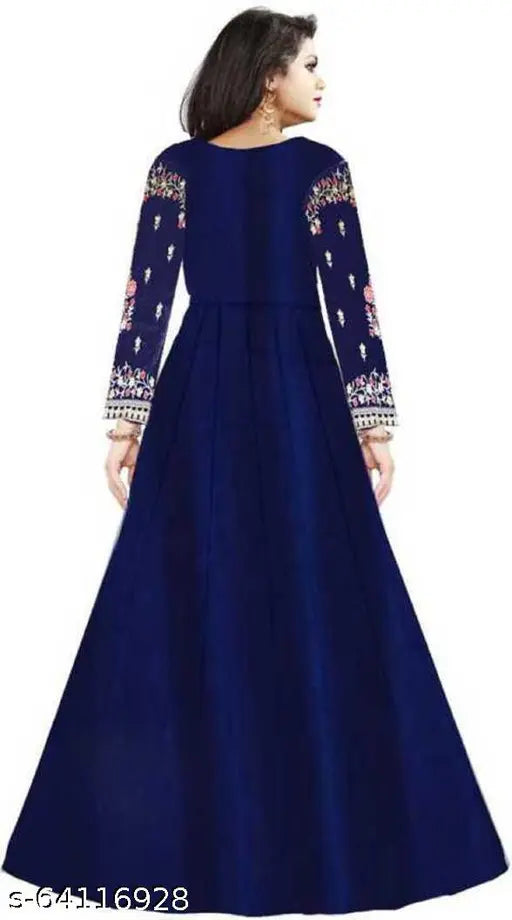 Blue silk embroidered gown with net dupatta, Indian bridal wear