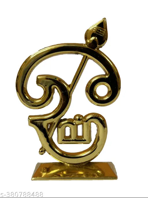 Gold-colored Metal Sri Murugan Subramaniya Swamy Om Idol for car dashboards, pooja room, and office tables. Size: 6cm x 2cm x 4cm, ideal for decorative purposes. Made in India
