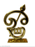 Gold-colored Metal Sri Murugan Subramaniya Swamy Om Idol for car dashboards, pooja room, and office tables. Size: 6cm x 2cm x 4cm, ideal for decorative purposes. Made in India