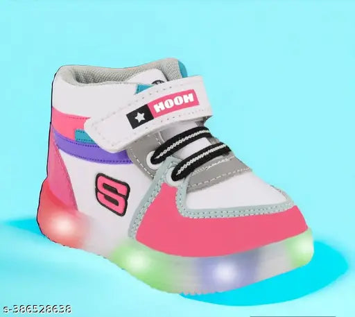 Colorful kids' sneakers with LED lights, black straps, white soles
