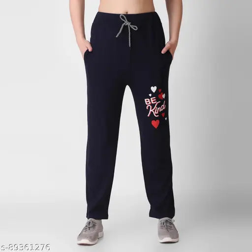 Dark blue sweatpants with white lettering, light blue drawstring