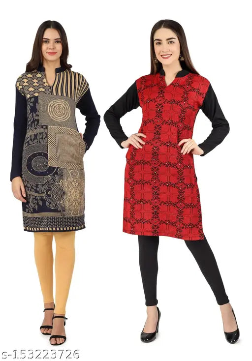 Full-sleeved red wool kurta with black border, pack of 2, womens fashion