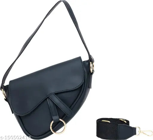 Black sling bag with curve design, zip closure