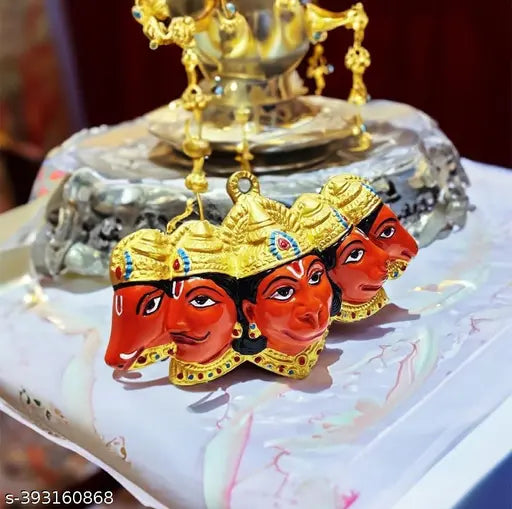 Orange aluminum Panchmukhi Hanuman ji statue for home hanging or temple, durable and intricate design representing five faces with spiritual significance, approximately 6 inches wide